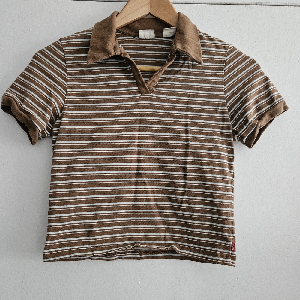 Levi's Women's Brown Striped Collared Short Sleeve Crop Top Size XS